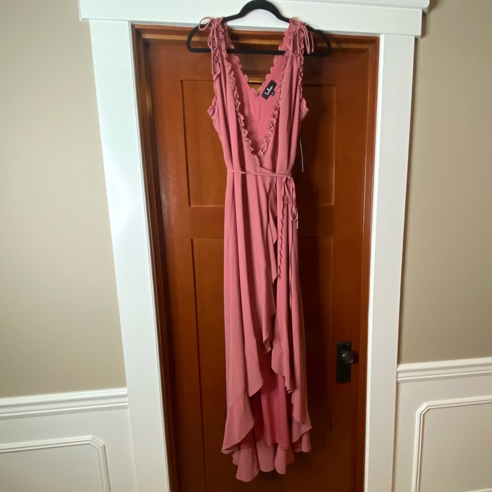 NWT, Juliette Mauve Ruffled High-Low Wrap Dress, Size Medium - Picture 3 of 5